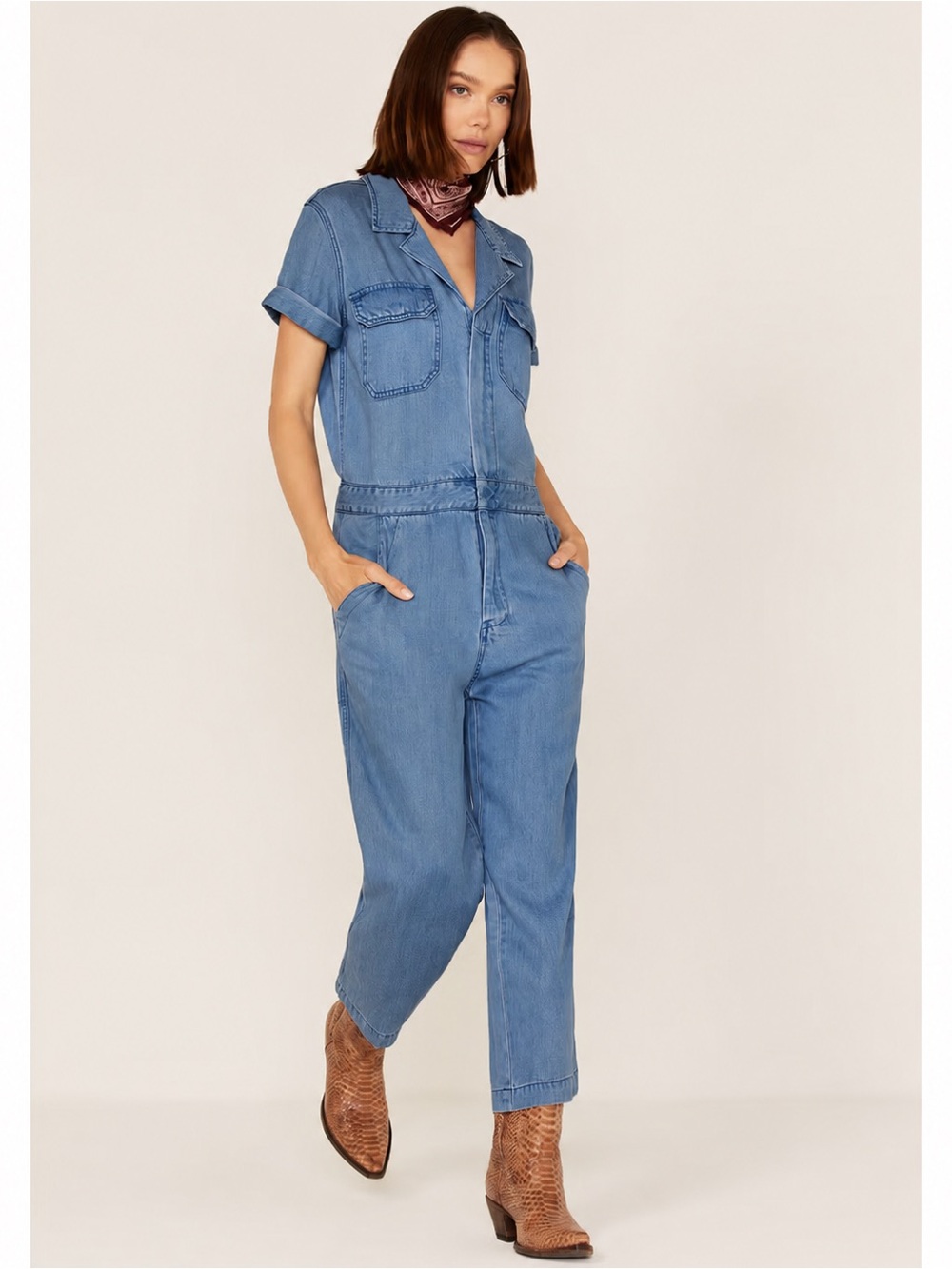 NWT Stetson Notch Collar Denim Short Sleeve Jumpsuit Women Large $170